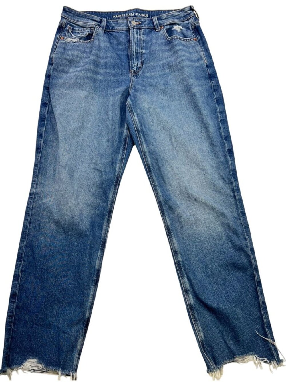 American Eagle Women's Strigid Straight Jeans Raw Hem Stretch Denim Size 12 Blue